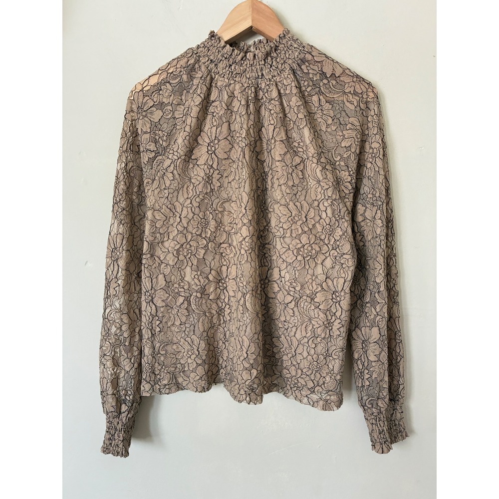 Extra Pink Women Tan Floral Lace Smocked Mock Neck Long Sleeve Blouse Large Boho